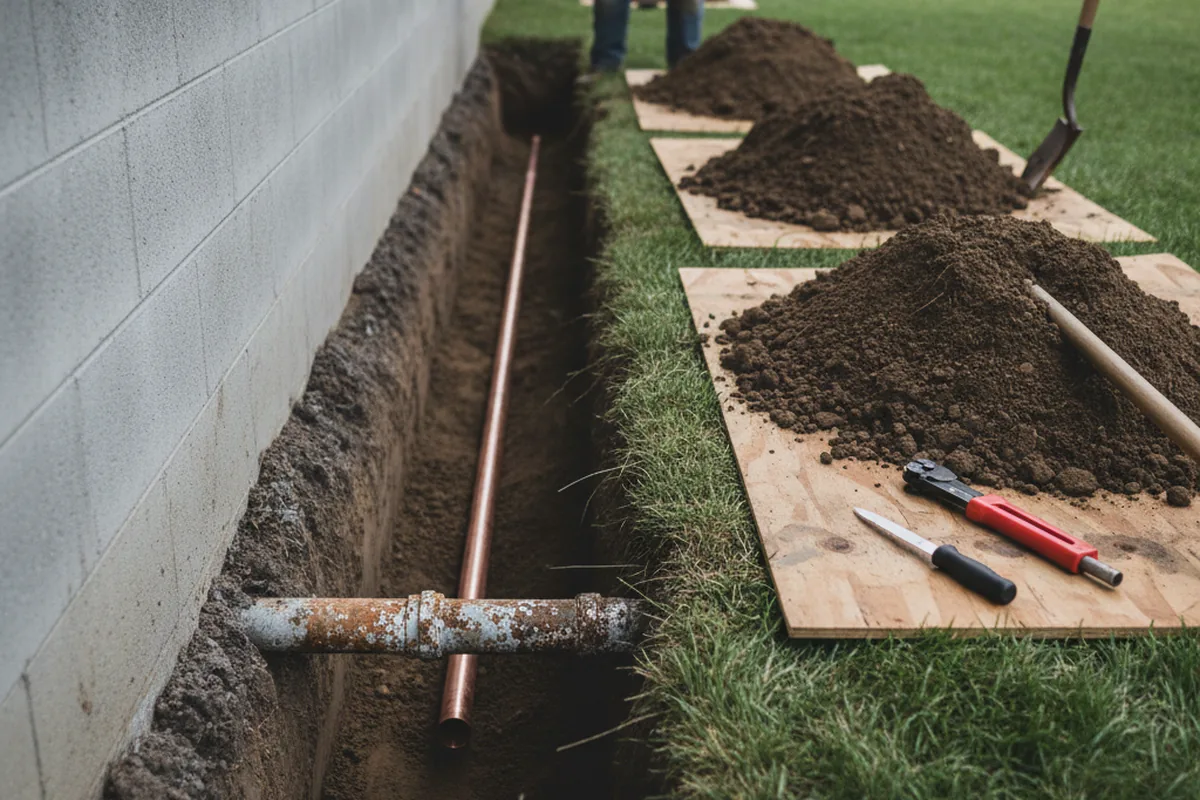Excavated water line trench during Water Softener Installation in West Hills